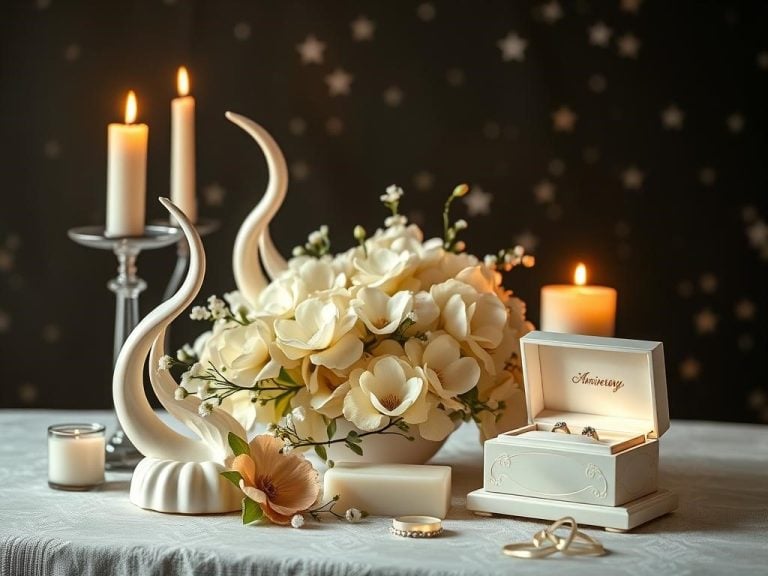 "An elegant ivory-themed anniversary gift display, featuring delicate ivory sculptures intertwined with soft floral arrangements, a beautifully crafted ivory jewelry box, and a shimmering candlelight atmosphere. Include a subtle celestial touch, symbolizing enduring love and commitment,