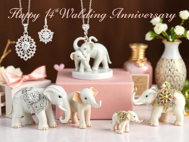 "Elegant collection of elephant-themed gifts for a 14th wedding anniversary, featuring intricately designed jewelry, decorative figurines, and luxurious home decor items, all inspired by elephants, showcasing warmth and affection; soft pastel colors with a touch of gold accents, serene and sophisticated ambiance."