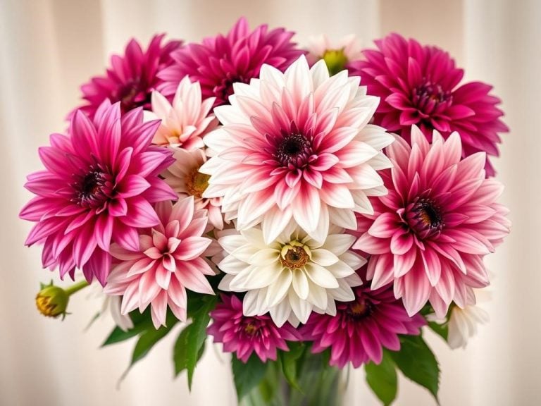 "An elegant arrangement of vibrant dahlias in various shades of pink, white, and purple, symbolizing love and commitment, set against a soft, romantic background with gentle light; include subtle hints of ivory tones to reflect the theme of purity; embodying a wedding anniversary celebration feel, inspired by 'International Star Registry'."