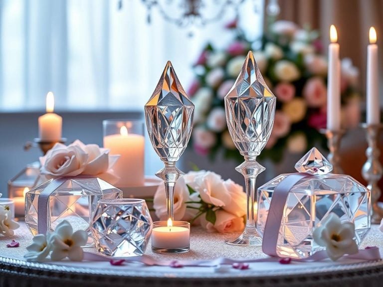 "Elegant crystal anniversary gifts beautifully arranged, shimmering under soft lighting, surrounded by delicate flowers and romantic candles, showcasing a luxurious atmosphere, inspired by the International Star Registry, symbolizing love and celebration."