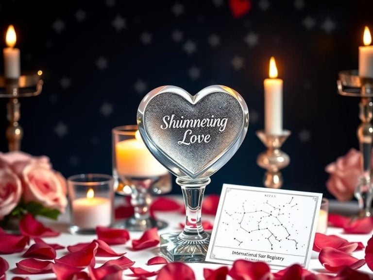 "Elegant display of a sparkling crystal centerpiece, surrounded by soft candlelight and rose petals, showcasing a beautifully crafted glass heart engraved with the words 'Shimmering Love', alongside a star map from International Star Registry depicting a special constellation, all set against a romantic backdrop of twinkling stars."