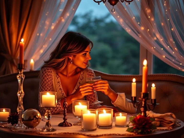 "Elegant setting depicting a couple enjoying a romantic experience gift for their anniversary, surrounded by soft candlelight and shimmering crystal decor, with subtle astronomical elements in a dreamy and intimate atmosphere."