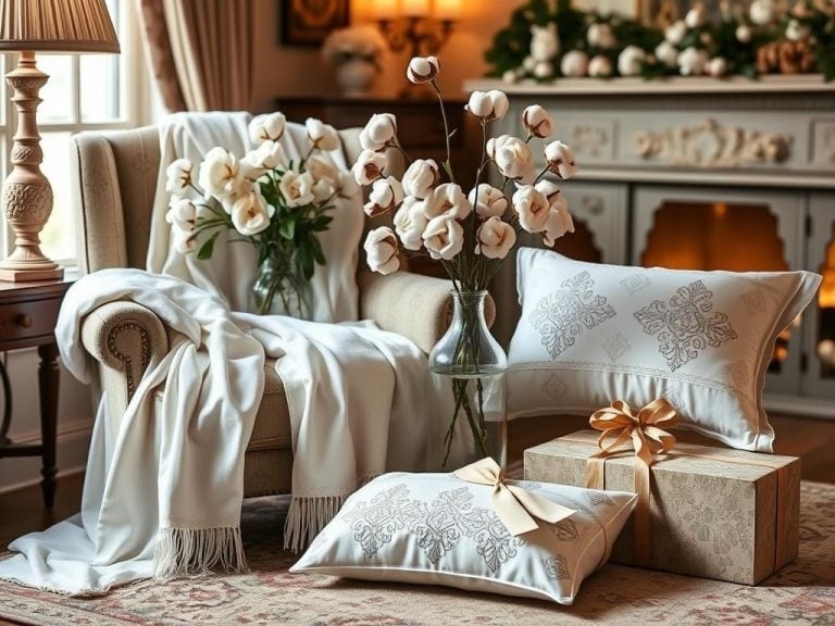 "An elegant display of cotton-themed 2nd anniversary gifts, featuring soft cotton blankets draped over a cozy armchair, delicate cotton flowers arranged in a vintage vase, a pair of embroidered cotton pillowcases with intricate designs, and a beautifully wrapped gift box, all set in a warm, inviting room filled with soft lighting and romantic decor."