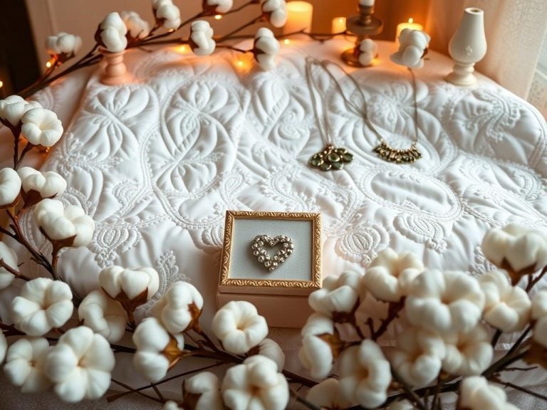 "An elegant display of unique second anniversary gifts, featuring a beautiful cotton quilt, handmade cotton jewelry, surrounded by soft cotton flowers and warm lighting to create a cozy, romantic atmosphere."