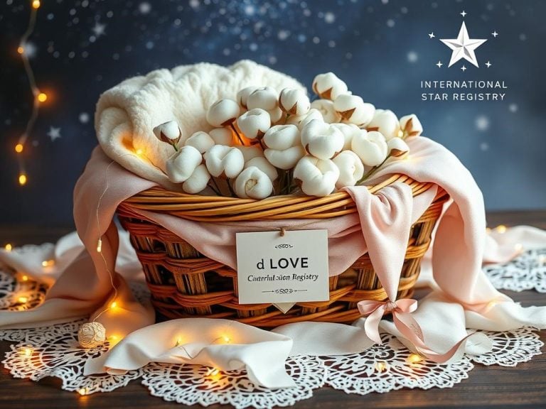 A beautifully arranged gift display featuring an elegant cotton gift, such as a plush cotton blanket and soft cotton flowers, artfully presented in a rustic wooden basket adorned with soft pastel fabrics. Surrounding the basket, scattered delicate lace doilies and twinkling fairy lights create a romantic ambiance. In the background, a subtle hint of a starry night sky symbolizes love's constellations.