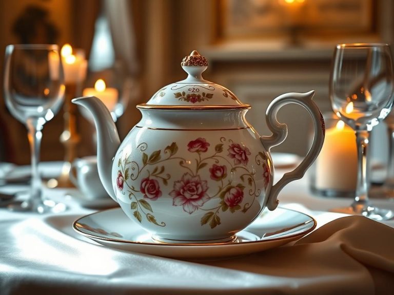 Elegant porcelain tea set with intricate floral patterns, shimmering under soft candlelight, surrounded by delicate crystal wine glasses and a plush silk tablecloth, showcasing a romantic dining setting for a 20th wedding anniversary celebration.