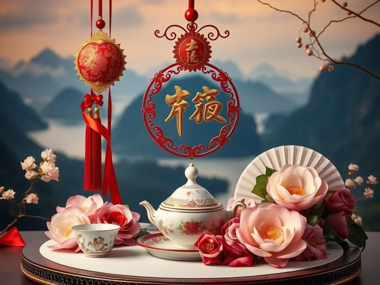 Intricate Chinese wedding symbols, entwined red and gold ribbons, delicate porcelain tea set, lotus flowers, traditional fan designs, peonies symbolizing love, soft atmospheric lighting, elegant floral arrangements, serene backdrop of mountains and rivers, elements representing harmony and eternity, inspired by the essence of 'International Star Registry'.