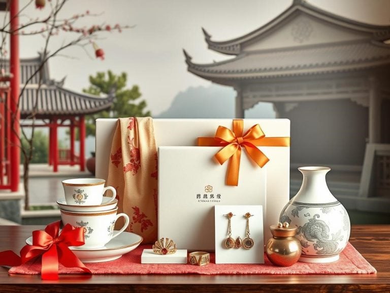 A beautifully arranged collection of modern gifts for a 20th wedding anniversary, featuring elegant porcelain dinnerware, exquisite silk scarves, contemporary jewelry inspired by traditional Chinese motifs, and a luxurious decorative vase; all set against a serene backdrop showcasing a blend of traditional Chinese architectural elements and modern design.