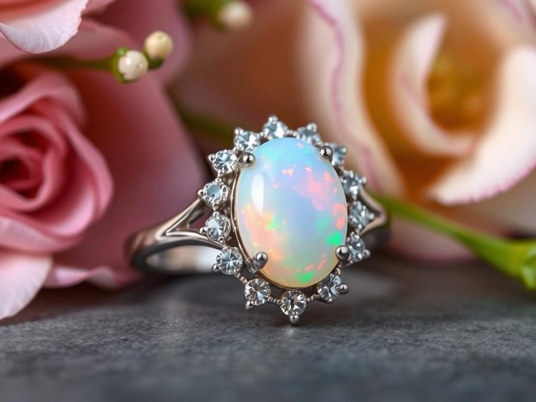 Opal anniversary jewelry, showcasing a stunning opal ring surrounded by delicate diamonds, set against a soft-focus background of romantic floral elements; intricate details in the metalwork highlight craftsmanship, with a gentle glow emanating from the opal, symbolizing love and beauty.