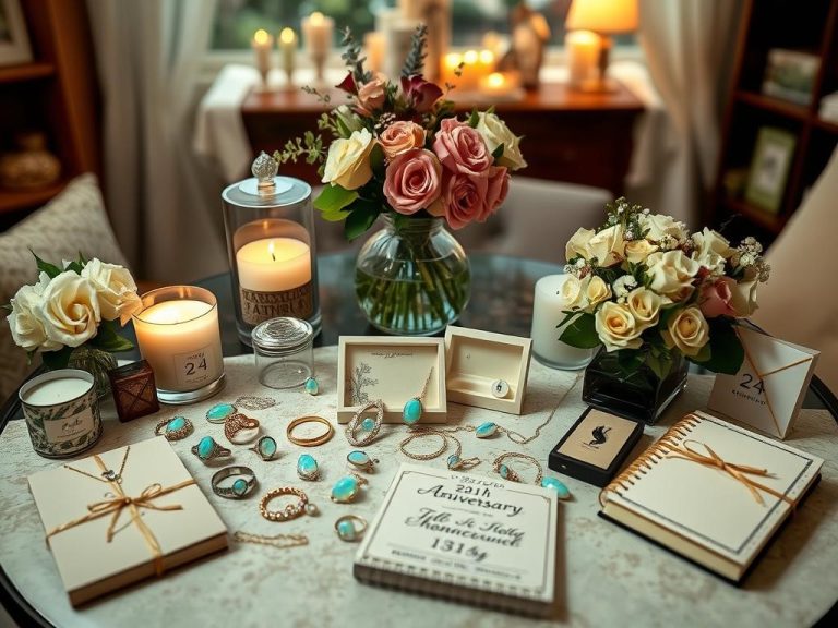 A cozy home setting with a beautifully arranged table featuring a variety of opal jewelry pieces, including rings and necklaces, surrounded by budget-friendly gift options like candles, flowers, and personalized items, a decorative notebook for budgeting, soft lighting creating an intimate atmosphere, elements representing the 24th anniversary theme.