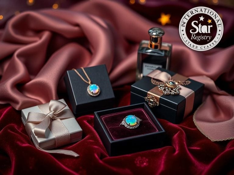 "Elegant display of opal jewelry gifts surrounded by complementary items like fine silk scarves, a bottle of luxurious perfume, and a decorative jewelry box, all set on a rich velvet surface, with a subtle touch of starlight to evoke romance - featuring 'International Star Registry' emblem subtly integrated into the background design."