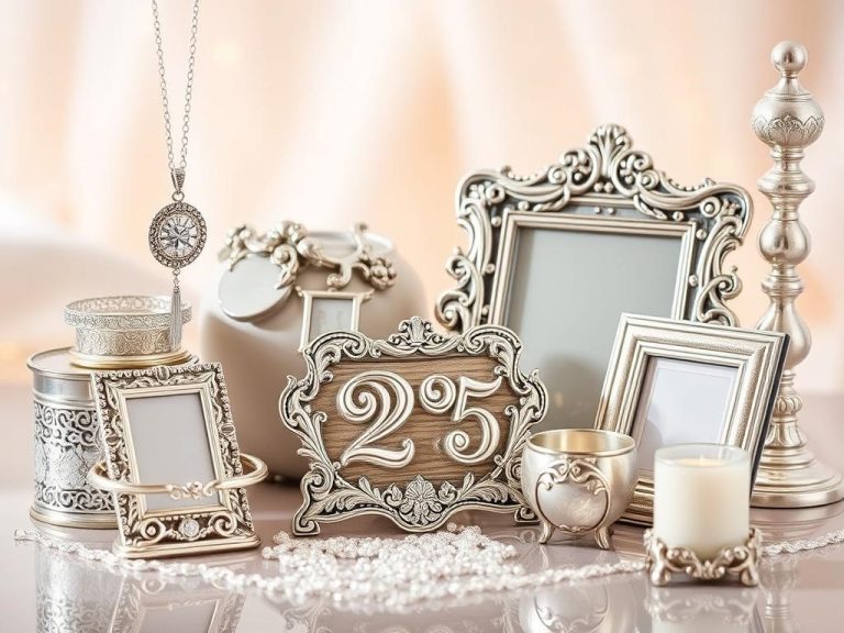 "Elegant silver gifts for a 25th wedding anniversary, showcasing beautifully crafted items such as silver jewelry, ornate picture frames, and shimmering home decor against a soft ambient background.