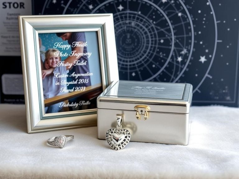 "An elegant silver anniversary gift display featuring a luxurious custom-engraved photo frame, a shimmering silver jewelry box, and a beautifully crafted silver heart pendant, all arranged on a soft velvet surface, with a star chart from the International Star Registry in the background, symbolizing a couple's timeless love and cherished memories."