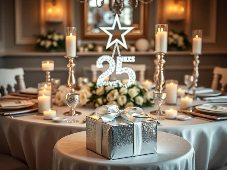 "An elegant table set for a 25th wedding anniversary celebration, adorned with silver decorations, surrounded by romantic candles and flowers, featuring a star-themed centerpiece, and a beautifully wrapped silver gift box in the foreground."