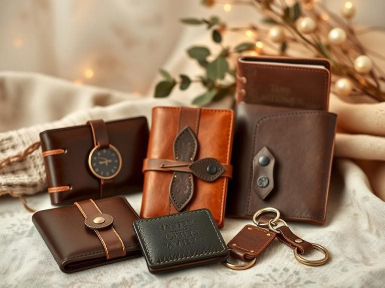 "Elegant leather gifts representing lasting love and durability, showcasing intricately designed leather wallets, journals, and keychains arranged artfully, with a backdrop featuring soft natural textures and warm lighting that evokes a romantic ambiance.