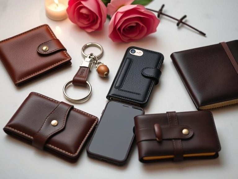 A beautifully arranged display of practical leather gifts for a wedding anniversary, featuring an elegant leather wallet, a sophisticated leather keychain, a durable leather phone case, and a stylish leather notebook, all showcasing rich textures and deep colors; the setting is softly lit with a romantic ambiance, emphasizing the lasting durability of each item, complemented by soft shadows and subtle reflections to enhance their appeal.