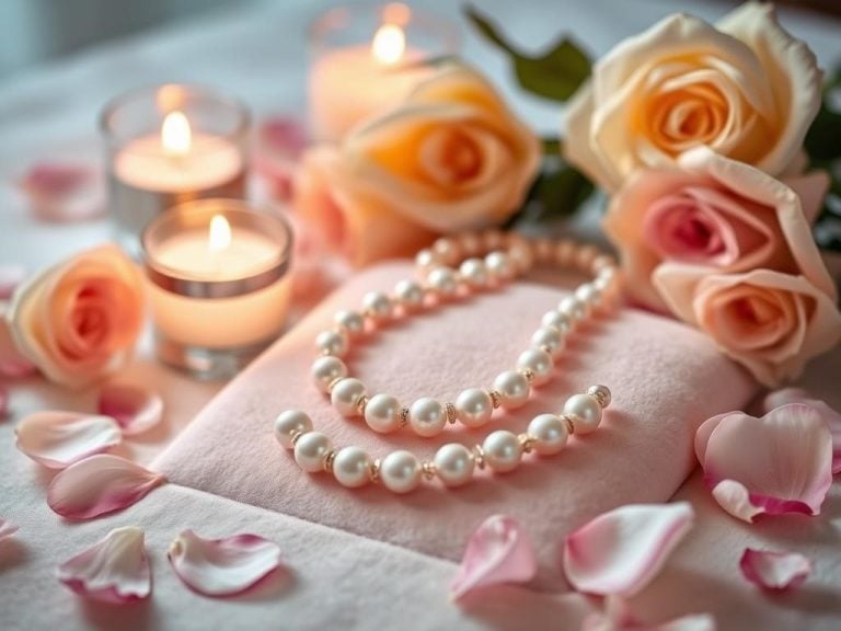 A beautiful pearl necklace elegantly displayed on a soft velvet surface, surrounded by delicate rose petals and shimmering candlelight, capturing the essence of love and precious moments for a 30th anniversary celebration.