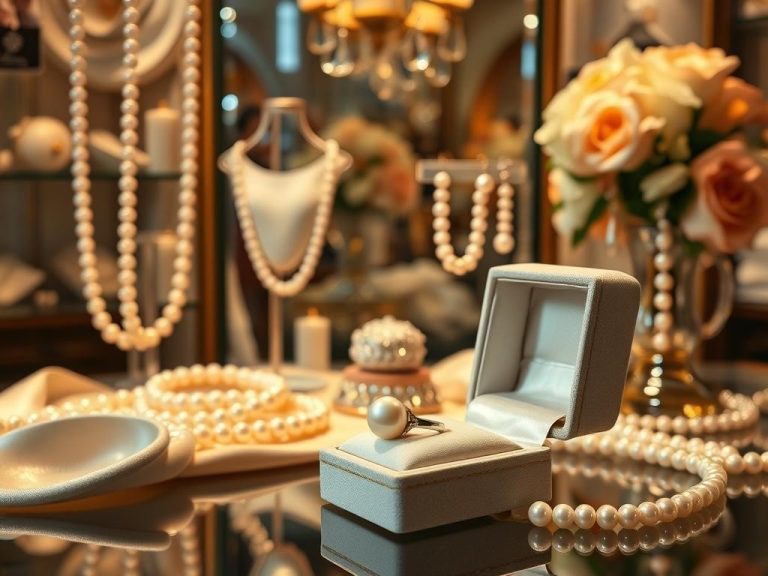 A serene jewelry store display featuring an elegant selection of pearl necklaces, earrings, and bracelets, softly illuminated under warm lighting. The background includes delicate satin fabrics and tasteful floral arrangements, reflecting a romantic atmosphere. A luxurious ring box rests open, showcasing a stunning pearl ring.