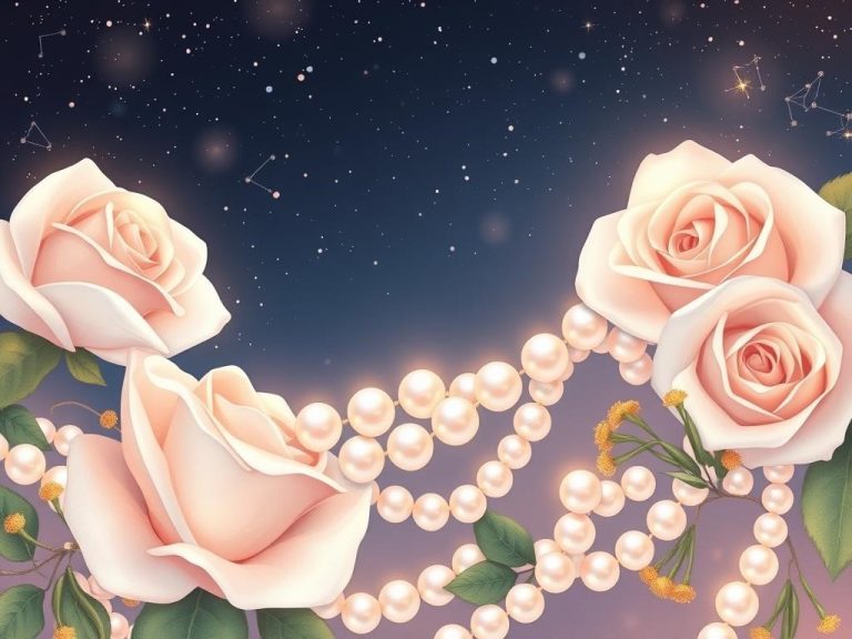 A serene and elegant illustration capturing the essence of a Pearl Anniversary celebration, featuring soft, iridescent pearls intertwined with delicate white roses and touches of gold. In the background, a subtle starry night sky symbolizing timeless love, with constellations representing the brand name "International Star Registry" subtly integrated among the stars. The color palette should evoke warmth and nostalgia, blending soft pastels with hints of shimmer to reflect precious moments.