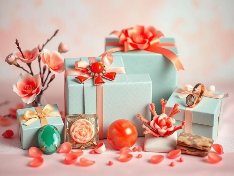 "An elegant arrangement of coral-themed gifts, showcasing vibrant coral jewelry pieces, delicate coral-colored floral accents, and luxurious jade items in a romantic setting, inspired by the theme of a 35th wedding anniversary, with a soft pastel background.