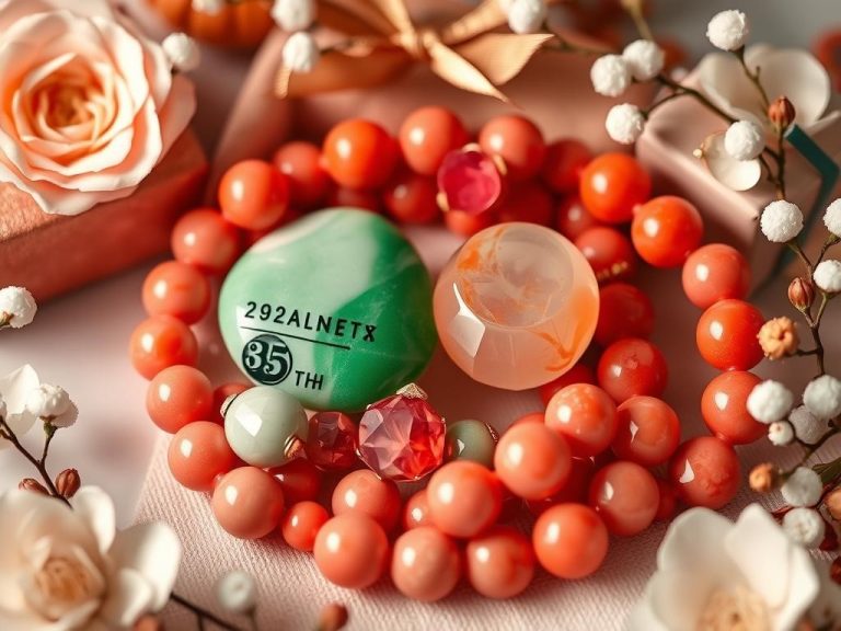 "Artistic arrangement of coral and jade gemstones, elegantly intertwined, showcasing a 35th anniversary theme with luxurious gift packaging, soft lighting highlighting the vibrant colors, surrounded by delicate floral accents.