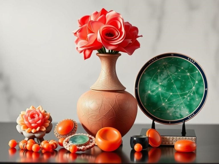 "An elegant display of traditional and modern 35th anniversary gifts, featuring coral and jade elements. On one side, exquisite coral jewelry and handcrafted pottery symbolize tradition; on the other, sleek contemporary jewelry and a bespoke star map from International Star Registry representing modern love. The background is softly blended to highlight the contrast between vibrant colors and minimalist designs."