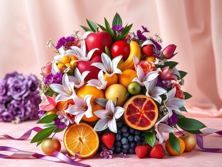 "A beautifully arranged gift display featuring an assortment of vibrant, fresh fruits intertwined with delicate flowers, symbolizing growth and love, set against a soft, romantic backdrop, with elegant elements representing the 4th anniversary theme, including shades of purple and gold accents, showcasing a touch of luxury, designed for the International Star Registry."