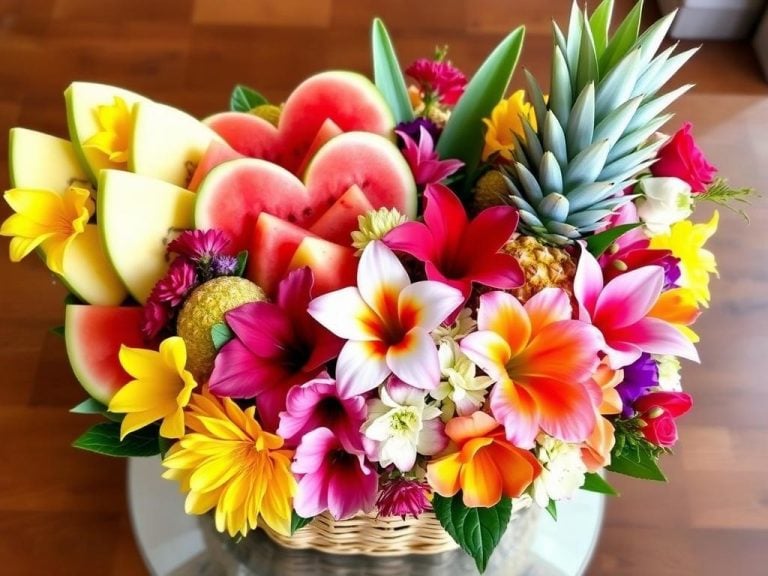 "An elegant arrangement of assorted tropical fruits and vibrant flowers, beautifully presented as a wedding anniversary gift, featuring heart-shaped watermelon slices, succulent pineapples, and colorful edible blooms, all artistically displayed in a decorative basket, inspired by the concept of 'Blossoming Together"