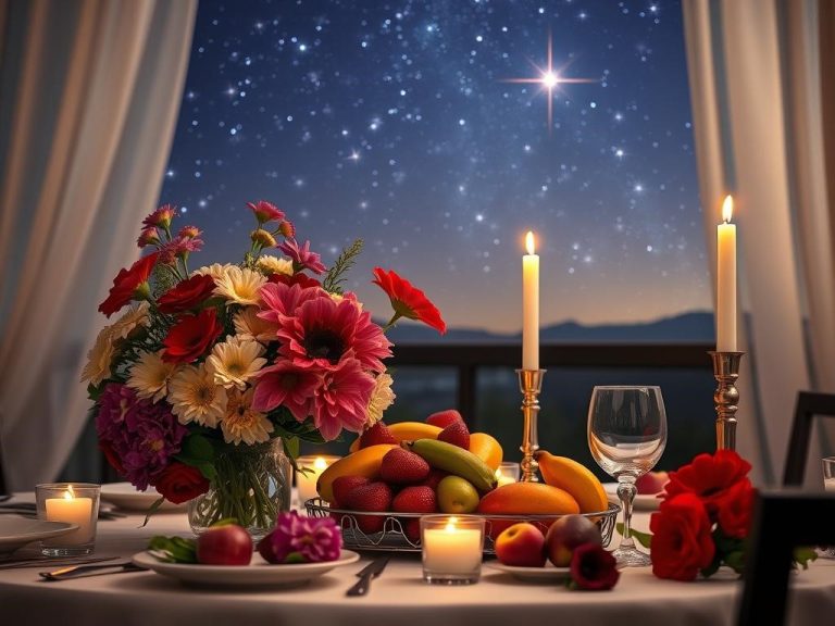 A beautifully arranged table setting for a romantic anniversary dinner, featuring a bouquet of vibrant flowers and a centerpiece of assorted fresh fruits, with soft candlelight illuminating the scene, a starry night sky in the background symbolizing love, representing a star named after the couple.