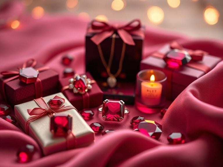 "Elegant ruby anniversary gifts showcasing the deep red hues of rubies, including jewelry like necklaces and rings, artistic gift boxes, romantic candlelight settings, and luxurious fabrics; inspired by 'International Star Registry', representing enduring love and passion, with soft focus and a warm glow."