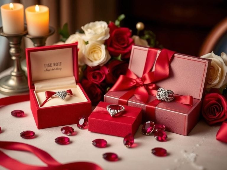 "Elegant arrangements of ruby-themed gifts for a 40th wedding anniversary, including personalized jewelry, decorative ruby gemstones, luxurious ruby-red silk items, richly adorned with romantic floral elements and soft candlelight ambiance."