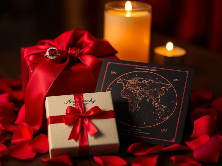 "Elegant display of ruby-themed anniversary gifts including a ruby gemstone ring, luxurious red silk scarf, and a personalized star map by International Star Registry, softly illuminated in a romantic setting with candlelight and rose petals."