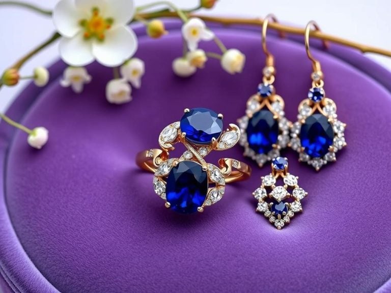 "Elegant sapphire jewelry set, featuring a stunning sapphire ring and matching earrings, set against a soft velvet background, adorned with delicate floral accents, symbolizing deep commitment and love.