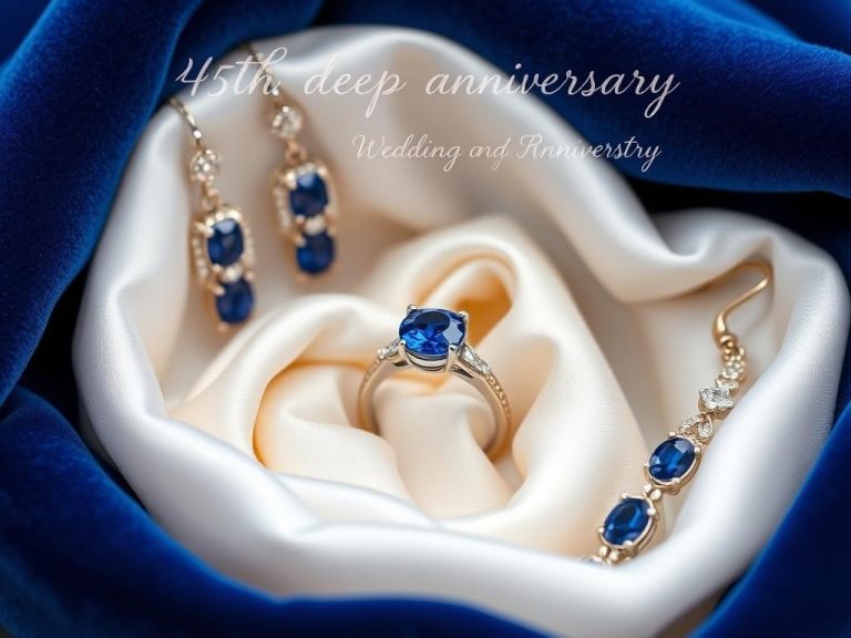 A beautiful sapphire ring nestled in a bed of soft white silk, surrounded by elegant sapphire earrings and a delicate bracelet adorned with sparkling sapphires, all set against a luxurious backdrop of rich blue velvet, symbolizing deep commitment for a 45th wedding anniversary gift.