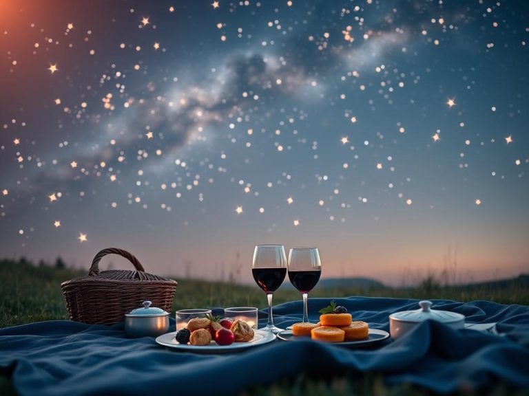 "An elegant scene showcasing a romantic sky view filled with twinkling stars, symbolizing love and commitment. surrounded by soft, glowing light. In the foreground, a picnic setup with fine wine and gourmet treats on a cozy blanket under the stars, evoking a sense of intimacy and celebration, with sapphire blue accents to represent the 45th anniversary."