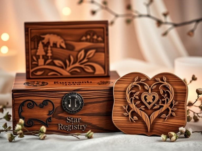 "Elegant wooden anniversary gifts showcasing craftsmanship, featuring a beautifully engraved wooden box, intricate wood carvings of nature, and a delicate wooden heart intertwined with vines, all set against a soft, romantic background with warm lighting. Include elements symbolizing strength and love. Brand name 'International Star Registry' subtly incorporated into a wooden plaque design."