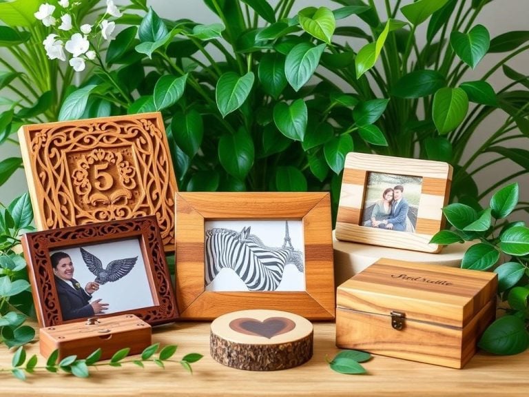 Eco-friendly wooden gifts for a 5th wedding anniversary, featuring intricately carved wooden keepsakes, sustainable wood picture frames, personalized wooden coasters, and natural wood jewelry boxes, surrounded by lush greenery and soft natural light."