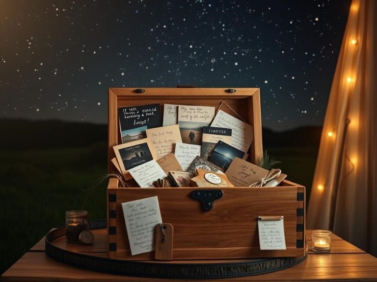 A beautifully arranged wooden box overflowing with mementos from a couple's journey together, including small tokens, photographs, and handwritten notes, all resting on a rustic table, surrounded by soft, warm lighting that creates an intimate atmosphere. In the background, a night sky filled with stars, hinting at the couple's unique connection to the cosmos.