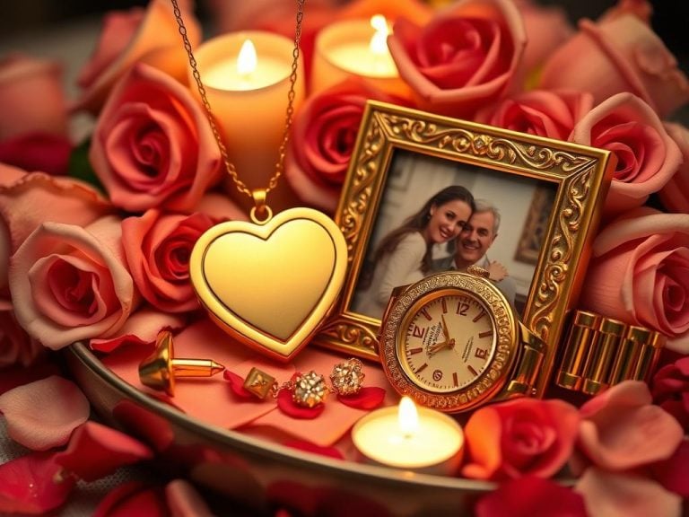 A luxurious arrangement of gold anniversary gift ideas for a 50th wedding anniversary celebration, featuring a golden heart-shaped necklace, a pair of elegant gold cufflinks, a shimmering gold watch, and a beautifully crafted gold photo frame displaying a cherished moment, surrounded by scattered rose petals and soft candlelight.