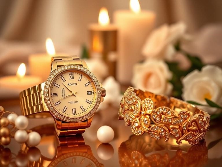 A luxurious golden-themed arrangement featuring elegant modern gift ideas for a 50th wedding anniversary, including a shimmering gold watch and a beautifully crafted gold braceletset against a soft, romantic backdrop with candles and flowers.