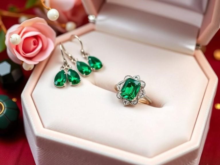 "Elegant emerald jewelry display, featuring a stunning emerald ring and matching earrings, delicately placed on a soft velvet background, surrounded by symbolic elements representing everlasting love, with subtle hints of gold accents, evoking a romantic ambiance.