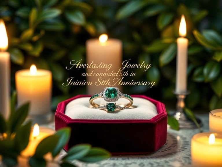 "Elegant emerald jewelry set on a velvet display, surrounded by soft, glowing candlelight, symbolizing everlasting love and celebration of a 55th wedding anniversary, with a subtle reference to International Star Registry in the background; lush green foliage, soft focus ambiance."