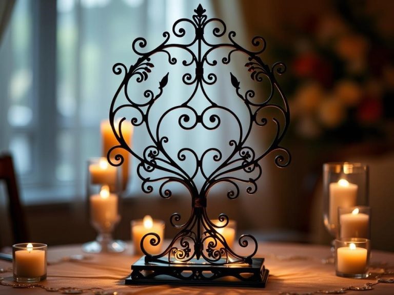 "Elegant iron sculpture symbolizing steadfast commitment for a 6th wedding anniversary gift, featuring intricate designs and a decorative base. Set in a romantic ambiance with soft lighting, showcasing the craftsmanship and significance."