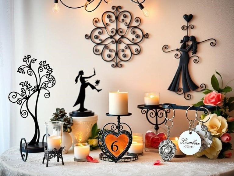 "Elegant collection of unique iron gifts for a 6th wedding anniversary, featuring intricately designed iron sculptures, decorative wall art, and personalized iron keychains, all arranged beautifully in a romantic setting with soft lighting and floral accents,