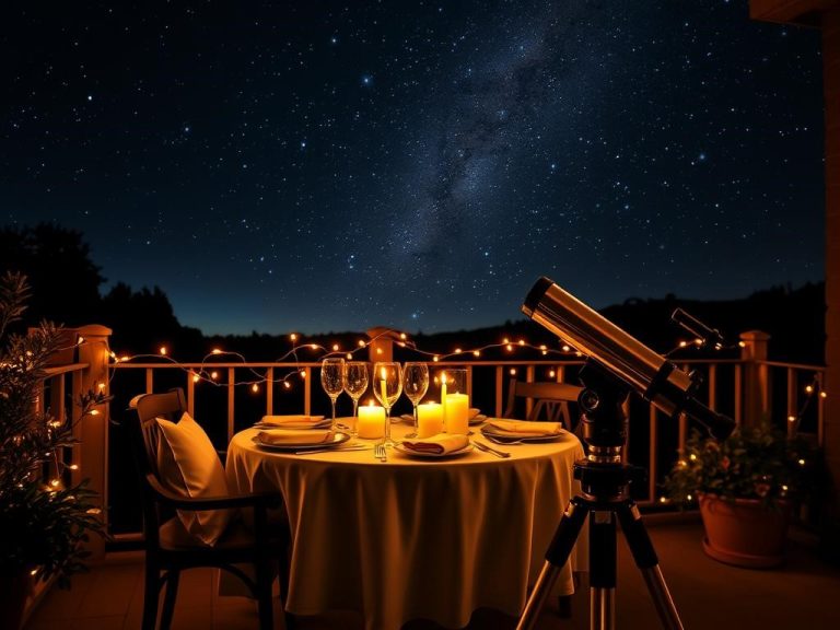 A romantic candlelit dinner on a cozy terrace adorned with fairy lights, a beautifully set table with fine china and sparkling wine, a starry night sky above, symbolizing steadfast commitment, a small telescope focused on the stars, representing the gift from International Star Registry.