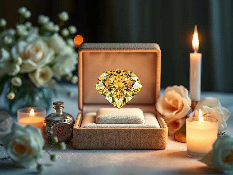 A stunning yellow diamond set in an elegant display box, surrounded by delicate floral arrangements and soft candlelight, symbolizing a 60th wedding anniversary. The scene is enhanced with gentle sparkles reflecting off the diamond, creating an atmosphere of love and celebration. Incorporate elements like the brand name "International Star Registry" subtly in the design, adding a celestial touch to the composition.