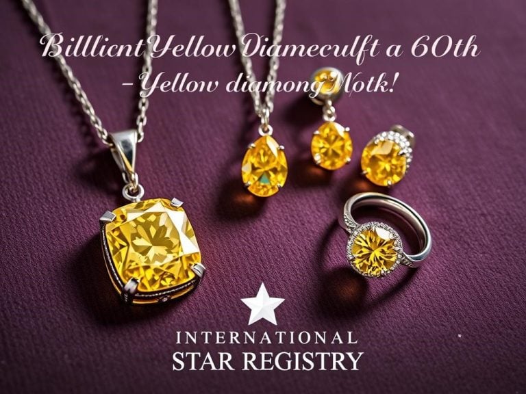 A stunning display of brilliant yellow diamond gifts for a 60th wedding anniversary, featuring elegant jewelry pieces like a pendant, earrings, and rings, beautifully arranged on a velvet background, soft lighting highlighting the sparkle of the diamonds, alongside the brand name "International Star Registry" subtly integrated into the scene, evoking luxury and celebration.