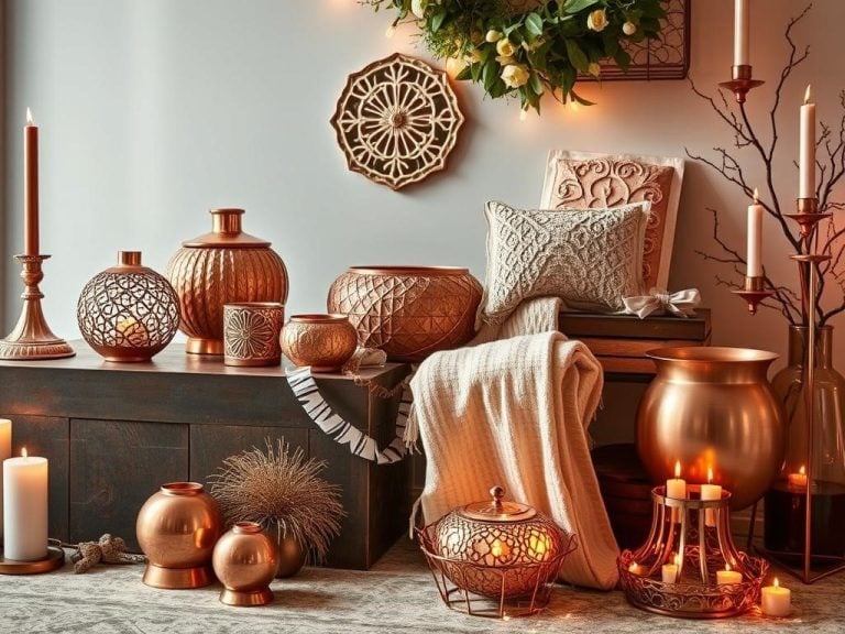 "An elegant display of copper anniversary gifts, featuring intricately designed copper home decor items, a beautiful wool throw blanket draped gracefully, and shimmering copper accents, surrounded by soft ambient lighting, creating a warm and inviting atmosphere. Include elements that suggest love and celebration."