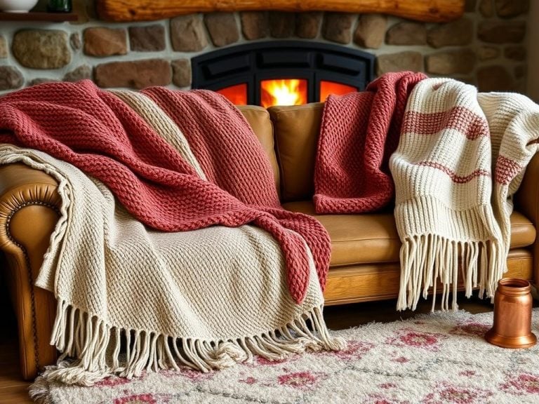 Cozy wool blankets draped over a rustic wooden couch, soft textures in warm earth tones, a glowing fireplace in the background, delicate copper accents scattered around, inviting ambiance, perfect for a romantic anniversary gift setting, by International Star Registry.