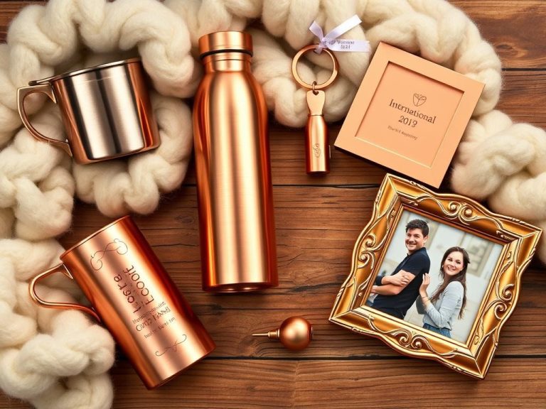 "An elegant flat lay of practical copper gifts for a wedding anniversary, featuring a stylish copper mug, a sleek copper water bottle, a beautifully crafted copper key holder, and a shimmering copper photo frame, all adorned with soft wool textures surrounding them, warm lighting highlighting the shiny surfaces, arranged artistically on a rustic wooden table.